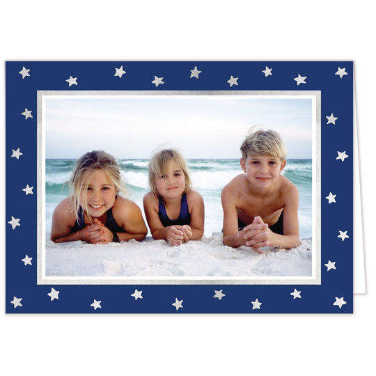 Silver Stars on Navy with Silver Foil Holiday Folded Photo Cards